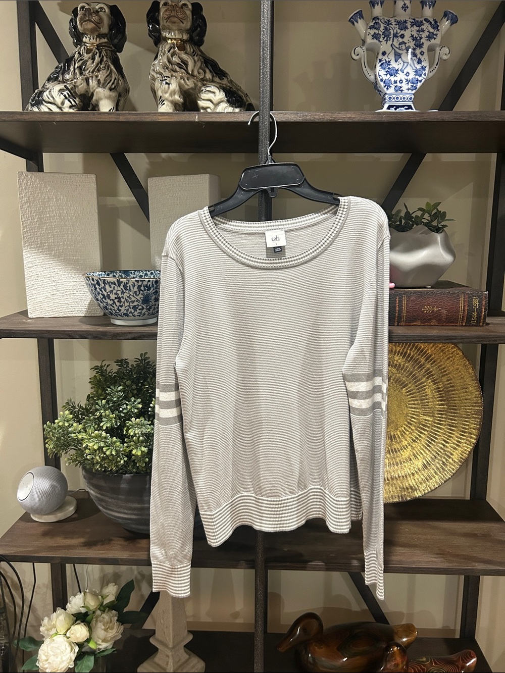 Cabi small Light Gray Long-Sleeve Stripe Sleeve Knit Top